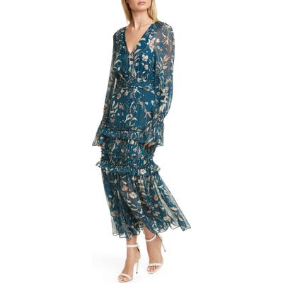 Amur Reah Floral Print Long Sleeve Silk Dress, Blue/green