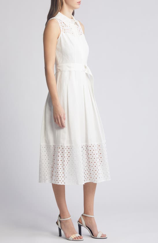 Shop Anne Klein Eyelet Embroidery Linen Blend Midi Dress In Bright White