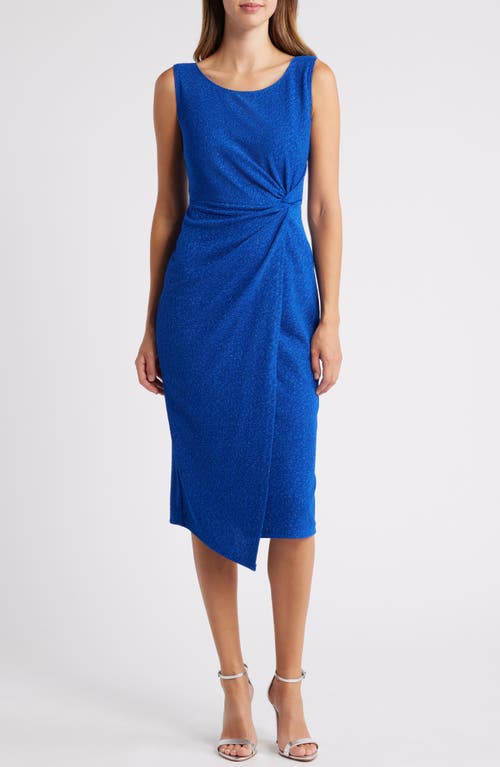 Connected Apparel Metallic Jacquard Faux Wrap Cocktail Dress in Deep Cobalt 