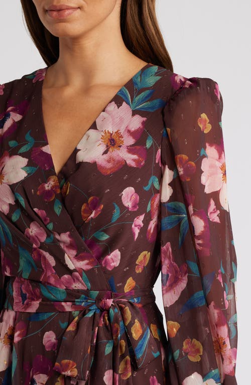 Shop Eliza J Floral Long Sleeve Faux Wrap Dress In Brown