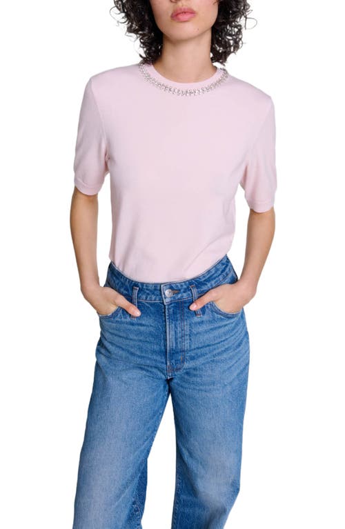 Shop Maje Knit Crop Sweater With Rhinestones In Pink