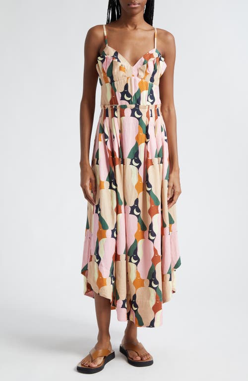 FARM Rio The Kiss Pleated Linen Blend Tiered Dress Multicolor at Nordstrom,