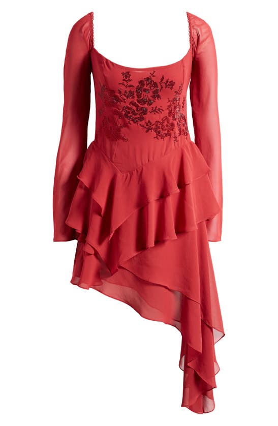 Shop Mistress Rocks Ruby Crystal Ruffle Long Sleeve Georgette Dress In Blood Red