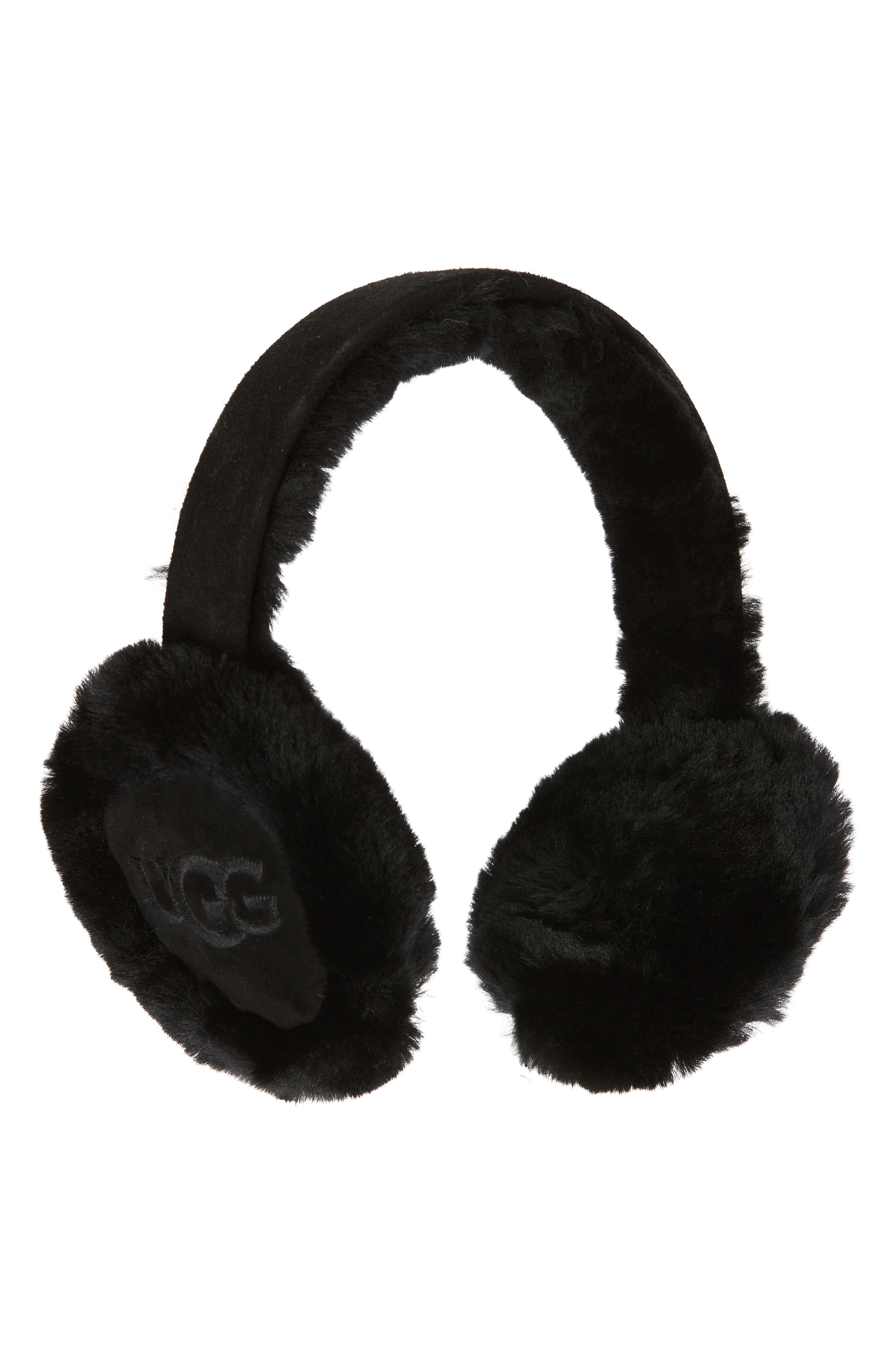 UGG(r) Logo Embroidered Genuine Shearling Earmuffs in Black Cover