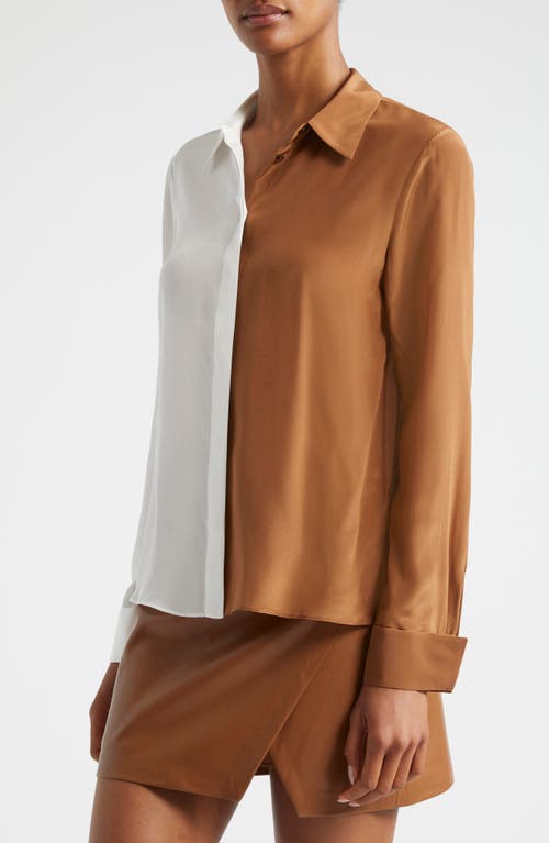 Shop Alice And Olivia Alice + Olivia Willa Colorblock Silk Button-up Shirt In Off White/camel