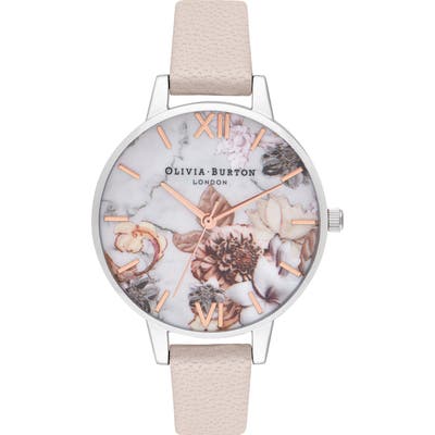 Olivia Burton Marble Floral Leather Strap Watch,