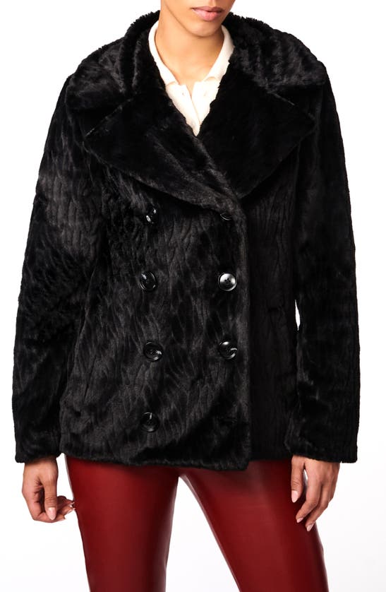 Bernardo Abstract Double Breasted Faux Fur Coat In Black