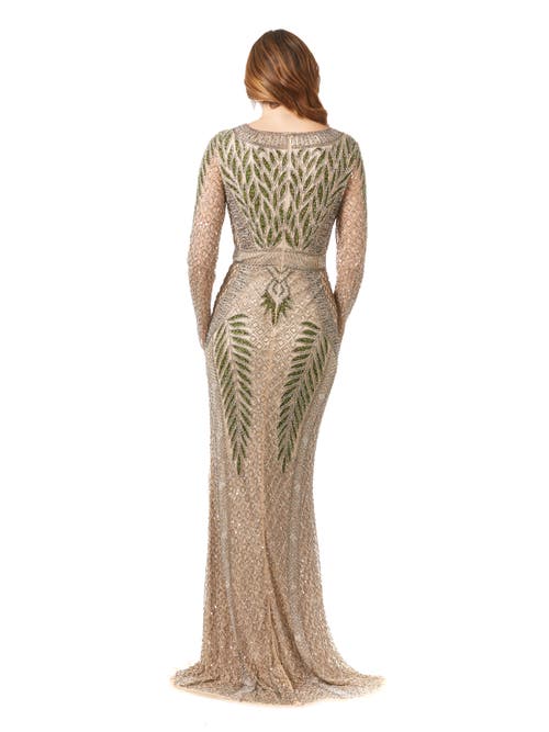 Lara New York Long Sleeve Beaded Gown In Nudemulti