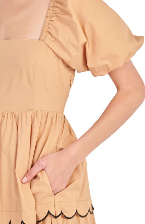 English Factory Puff Sleeve Scallop Trim Cotton Midi Dress In Tan/black