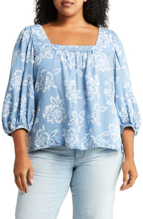 caslon(r) Floral Stamp Chambray Popover Top in Teal Stamp Floral
