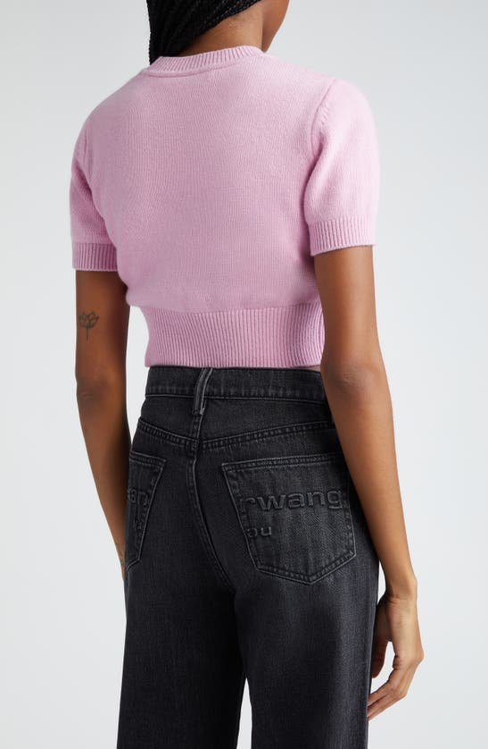 Shop Alexander Wang Embossed Logo Short Sleeve Crop Cotton & Wool Sweater In Light Pink