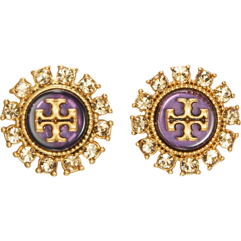 Tory Burch Kira Crystal Stud Earrings In Antique Brass/purple Multi