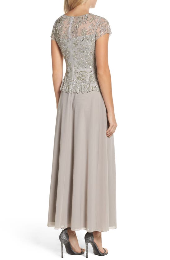 Pisarro Nights Beaded Mesh Mock Two-piece Gown In Silver
