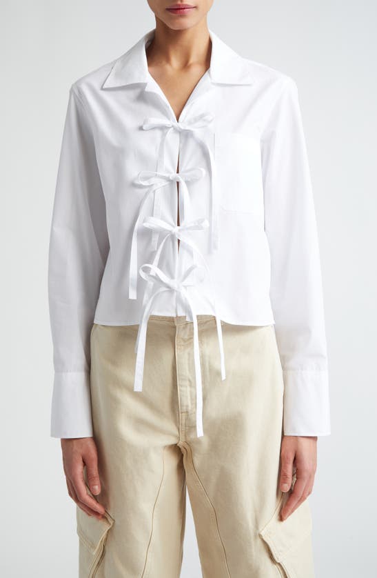 Shop Jw Anderson Tie Front Long Sleeve Crop Cotton Shirt In White