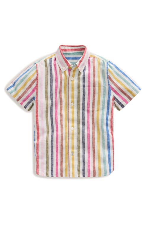 Mini Boden Kids' Stripe Short Sleeve Linen & Cotton Button-down Shirt In Ivory Multistripe