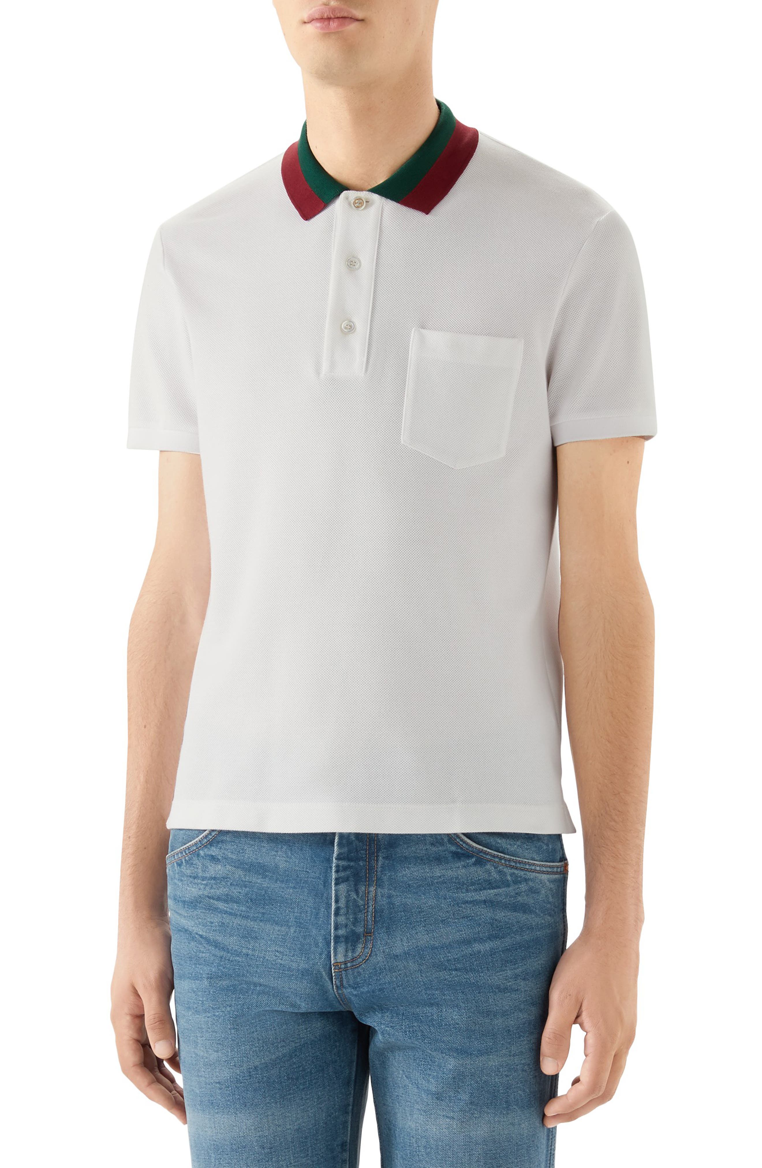 white gucci polo with red and green collar