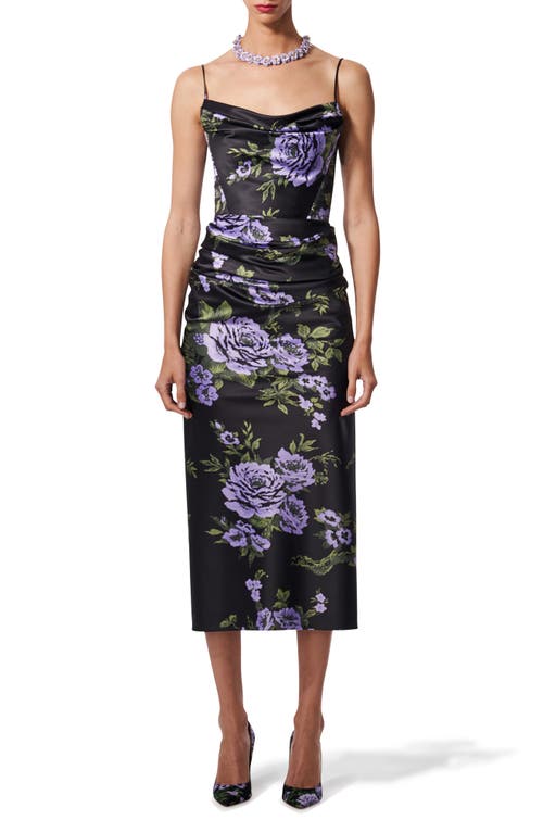 Carolina Herrera Floral Print Cowl Neck Midi Dress Black Multi at Nordstrom,
