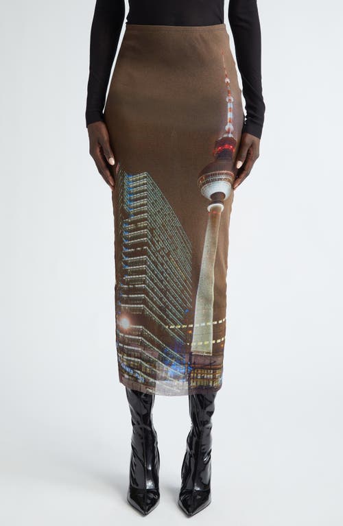 Jean Paul Gaultier City Print Sheer Mesh Skirt In Brown