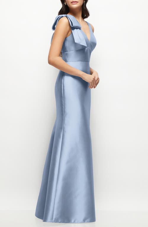 Alfred Sung Deep V-back Satin Trumpet Dress With Cascading Bow At One Shoulder In Cloudy