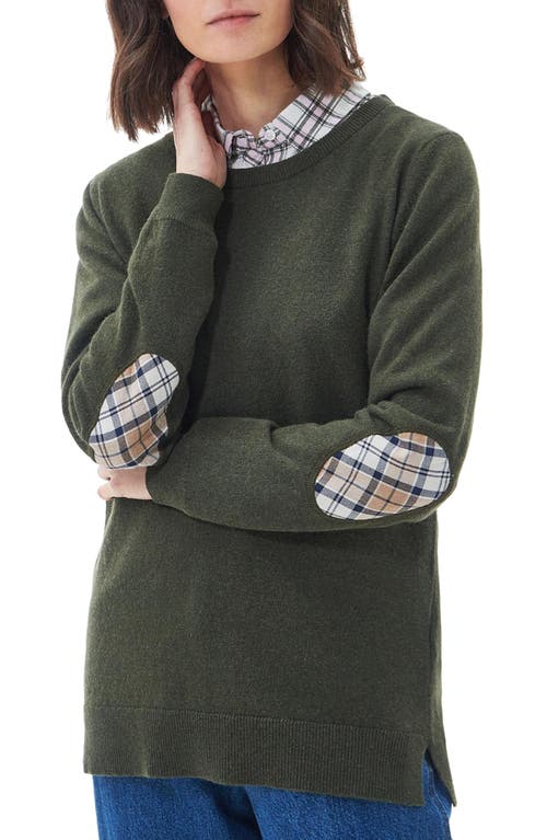 Pendle Elbow Patch Wool & Cotton Crewneck Sweater in Warm Olive/Fawn
