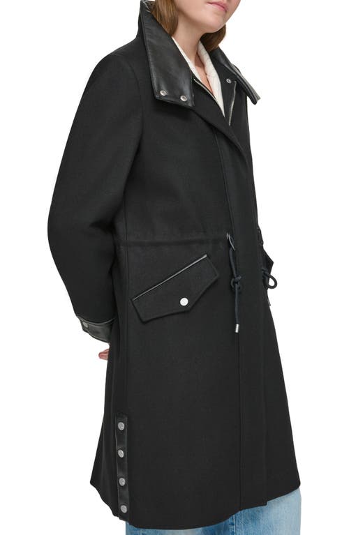 Shop Andrew Marc Feather Leather Trim Wool Blend Coat In Black