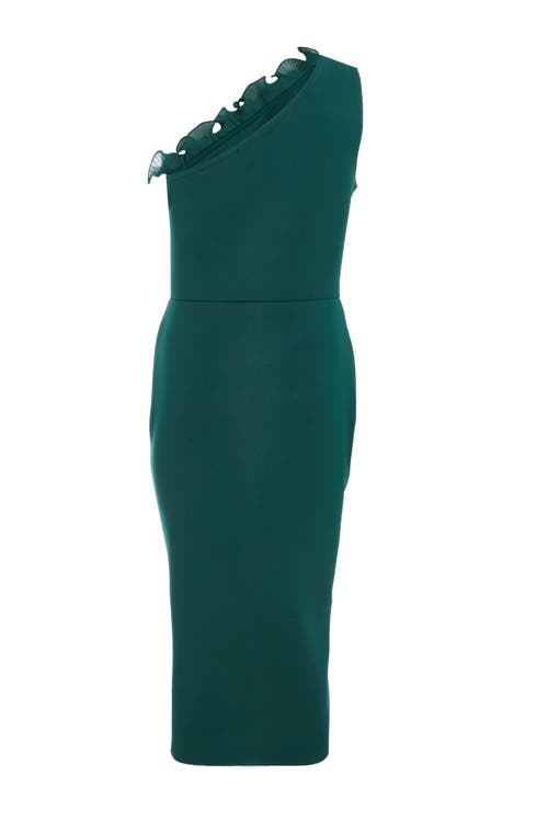 Quiz Scuba One-shoulder Trim Ruched Midi Dress In Green