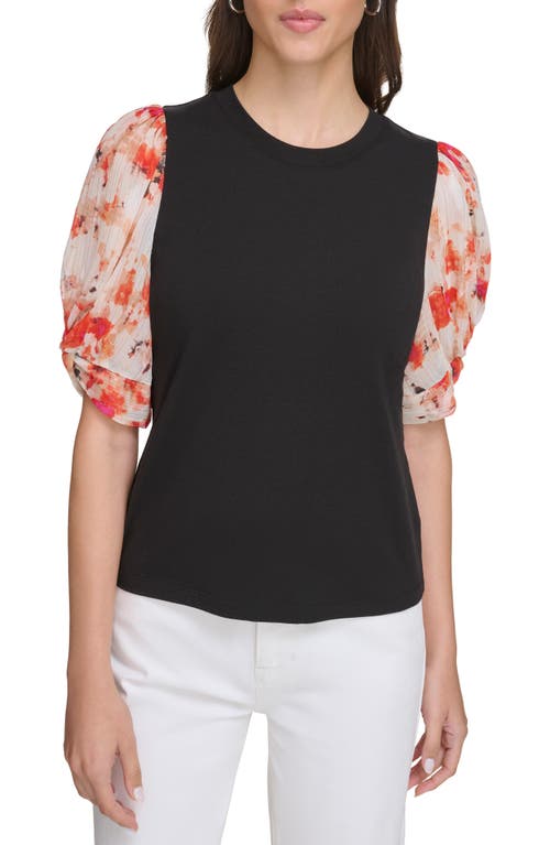 Dkny Floral Puff Sleeve Top In Black/ivory/orange Blossm