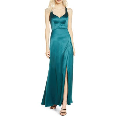 Sequin Hearts Cage Back Satin Gown, Green