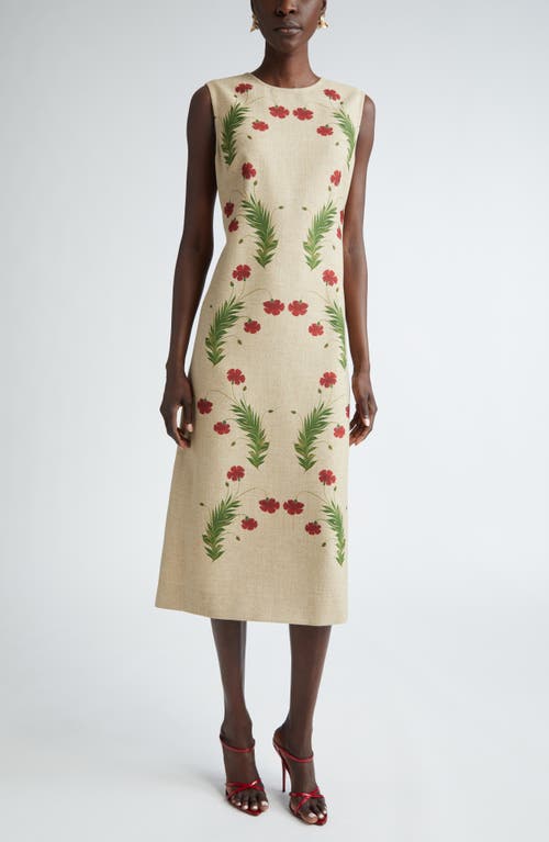 Oscar De La Renta Marbled Carnation Print Sleeveless Midi Dress In Linen/red