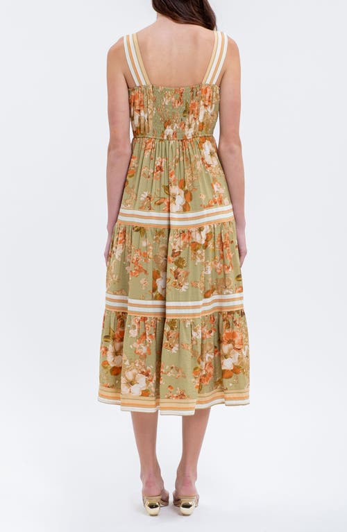 August Sky Sleeveless Tiered Midi Dress In Olive Multi