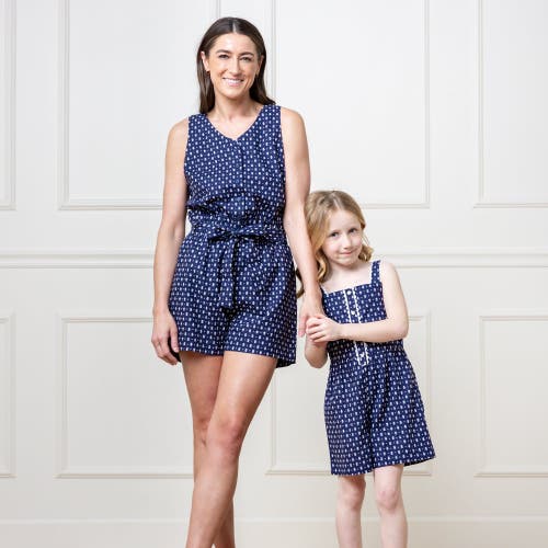 Shop Hope & Henry Girls' Scallop Trim Button Front Linen Romper, Kids In Navy Riviera Print