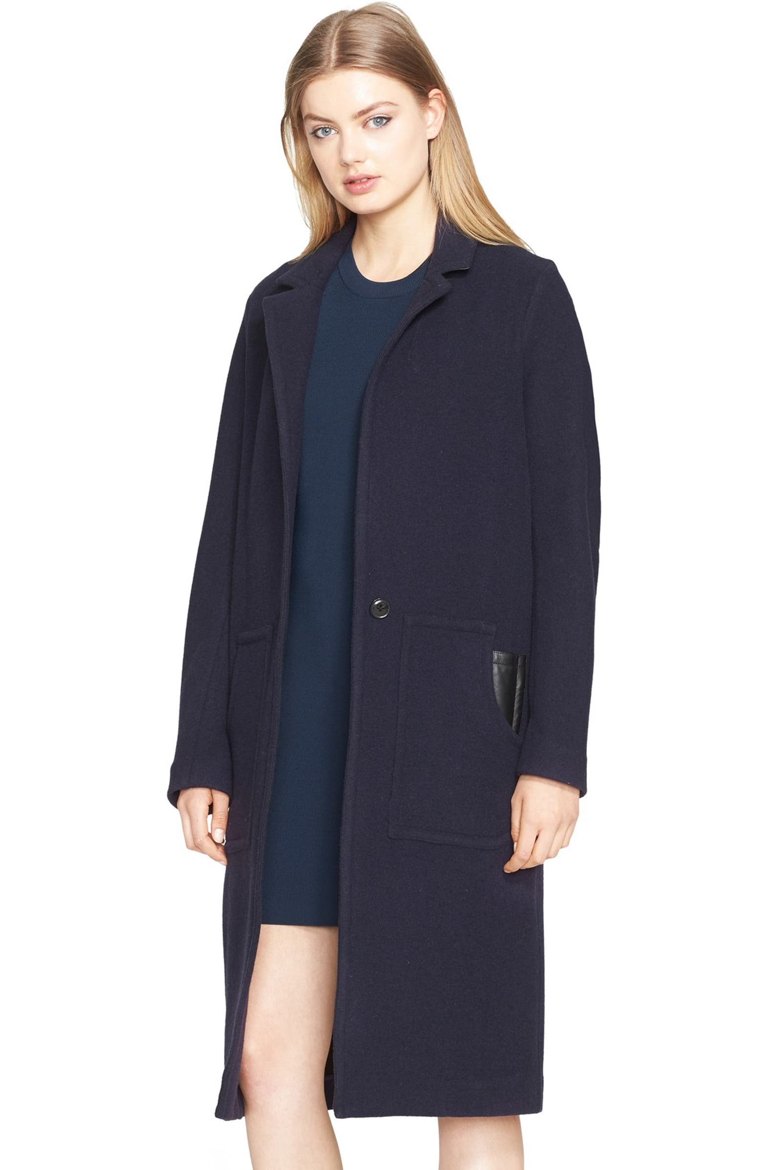 T by Alexander Wang Leather Trim Boiled Wool Blend Car Coat | Nordstrom