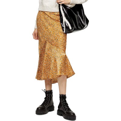 Petite Topshop Leopard Satin Flounce Skirt, P US - Yellow