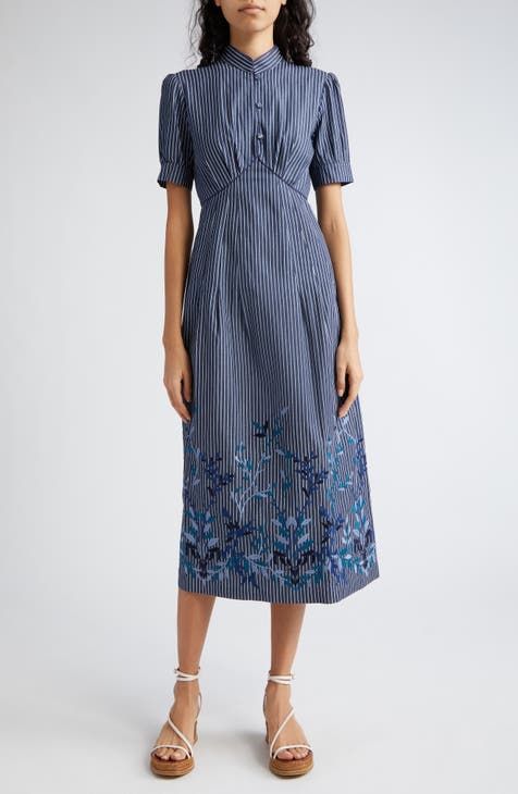 Clea Stripe Embroidered Midi Dress
