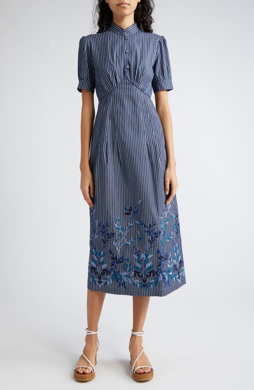 Clea Stripe Embroidered Midi Dress in Blue Denim Leaves