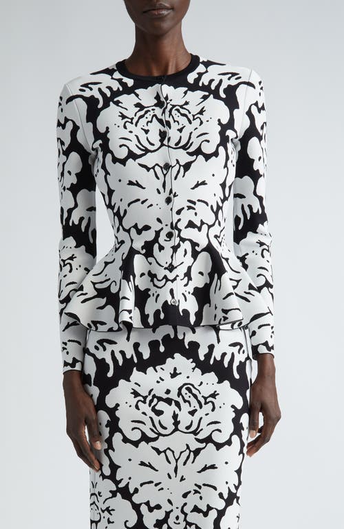 Alexander McQueen Damask Jacquard Peplum Cardigan in Black/White at Nordstrom, Size Small