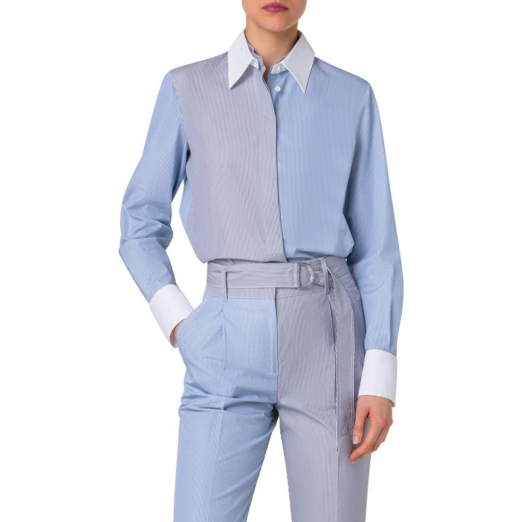 AKRIS PUNTO AKRIS PUNTO COLORBLOCK MICROSTRIPE COTTON BATISTE BUTTON-UP SHIRT