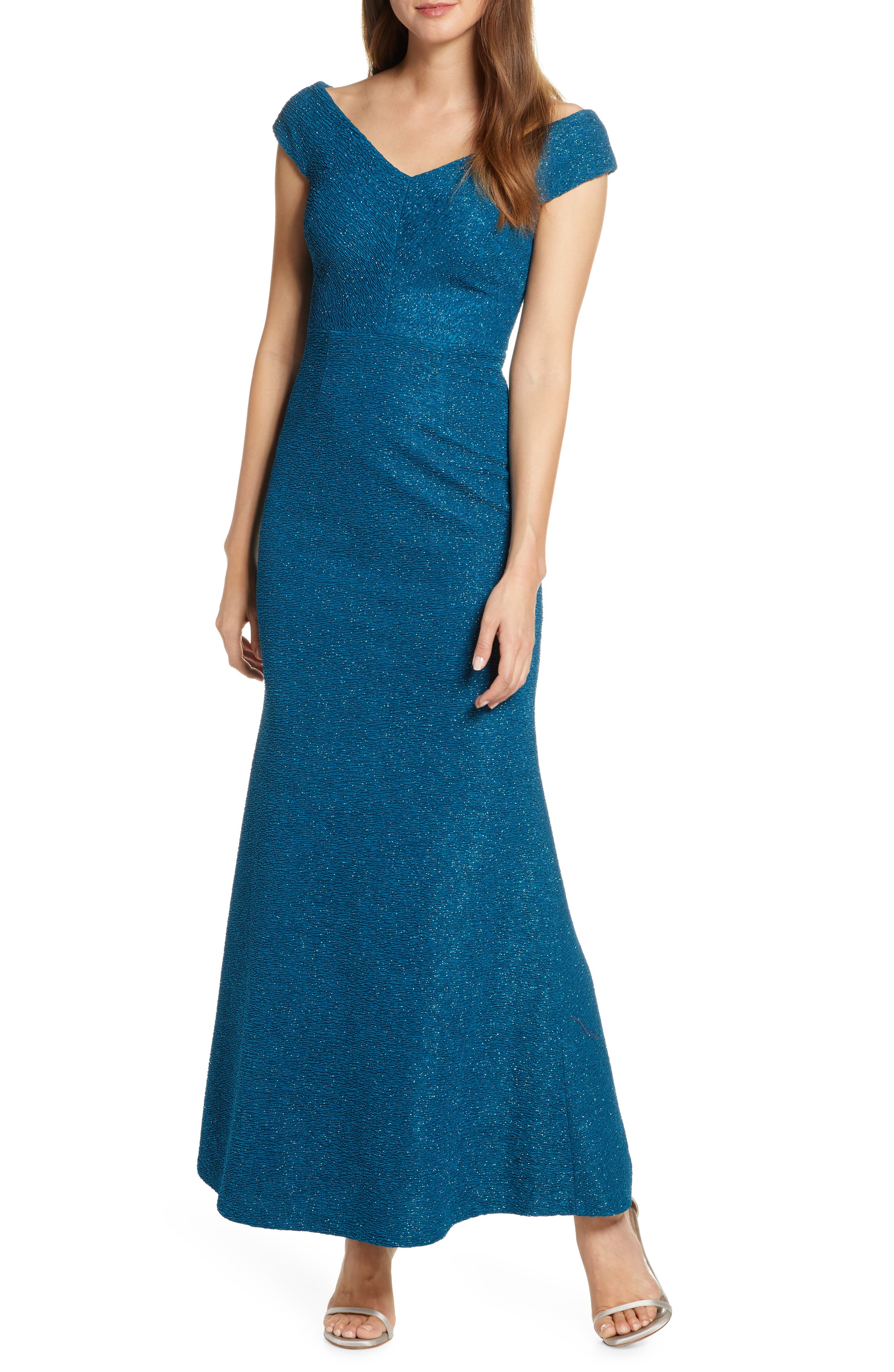 Eliza J Wide V-Neck Sparkle Trumpet Gown, Blue/green