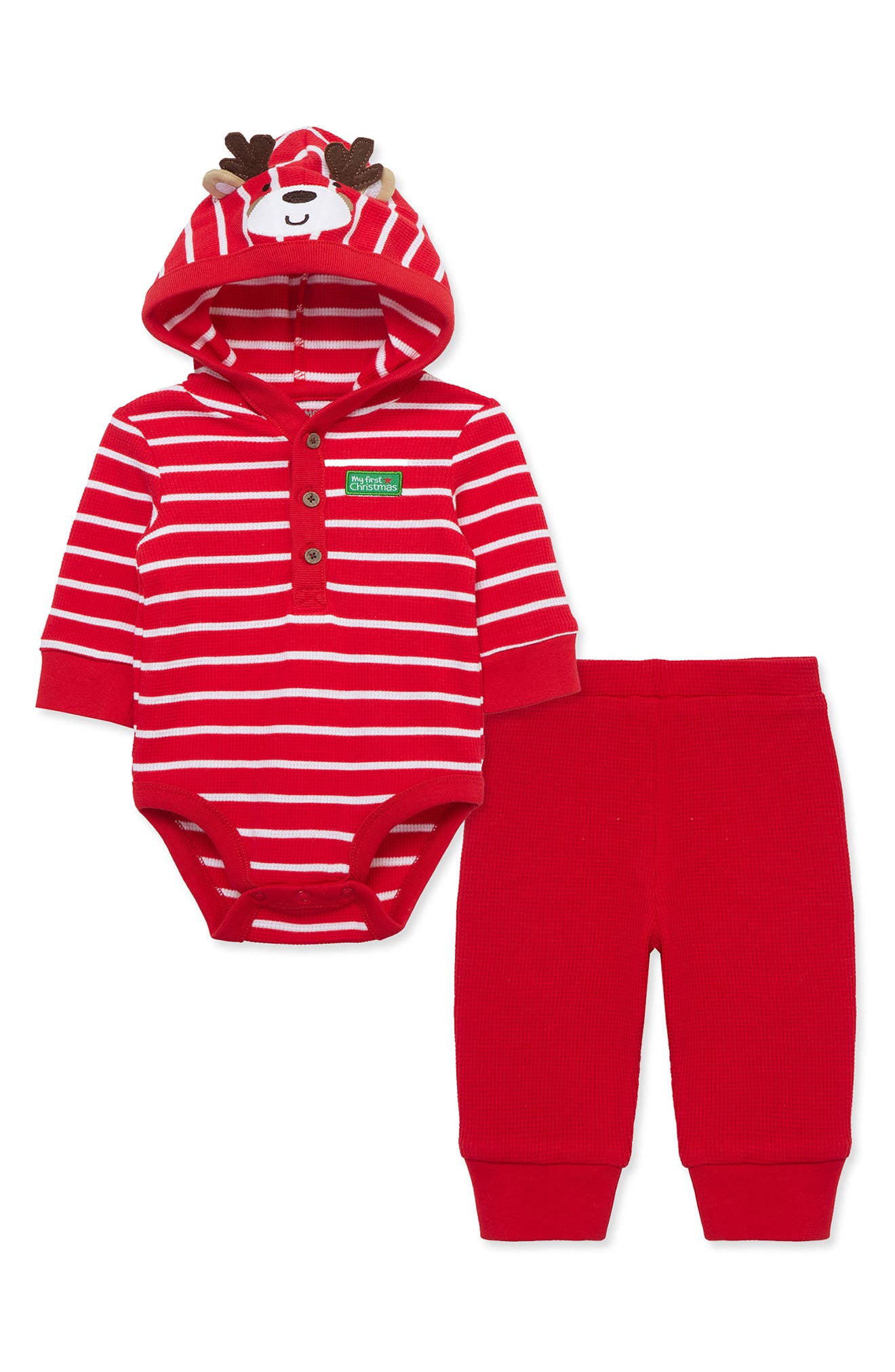Little Me Reindeer Hooded Waffle Knit Bodysuit & Joggers Set in Red 