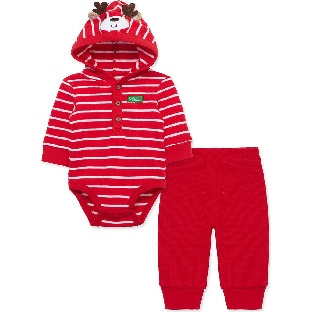 Little Me Reindeer Hooded Waffle Knit Bodysuit & Joggers Set in Red