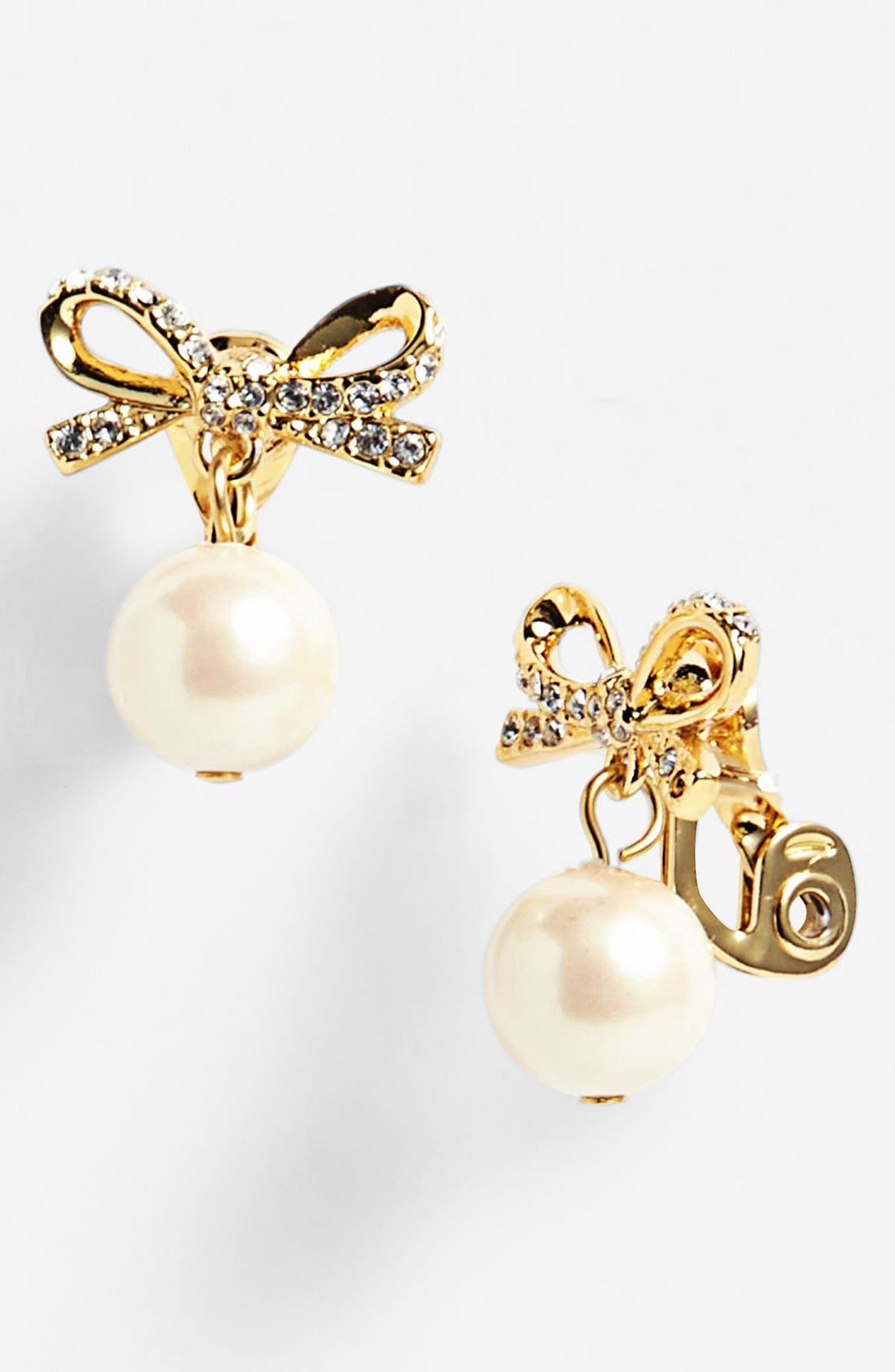 kate spade new york 'skinny mini' bow & faux pearl drop clip earrings