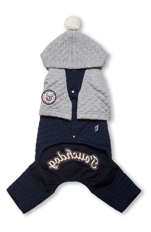 Pet Life Touchdog Quilt Hooded Full Bodied Jumpsuit In Navy/grey