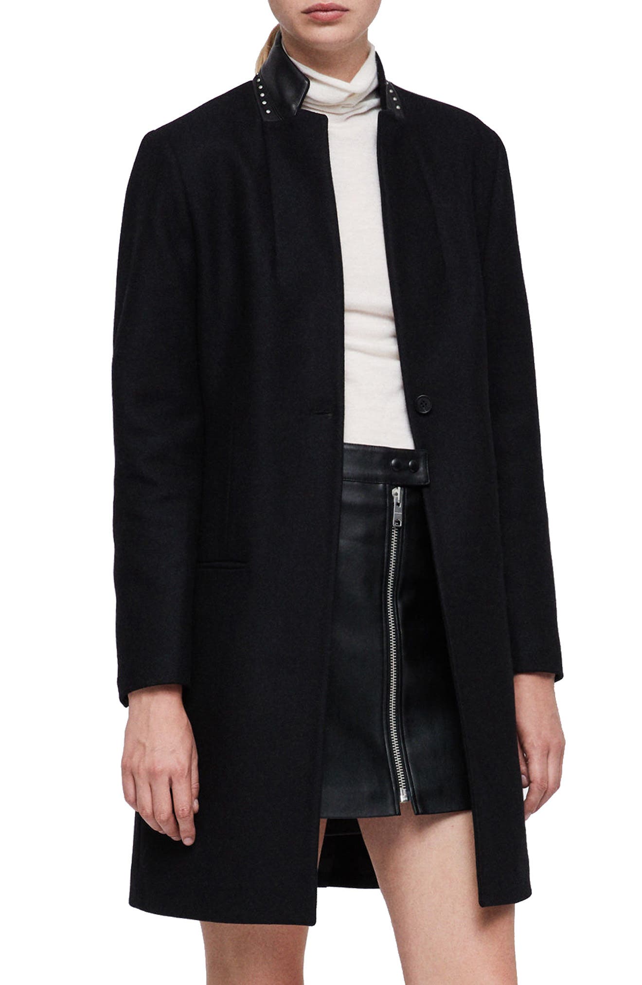 black coat leather trim