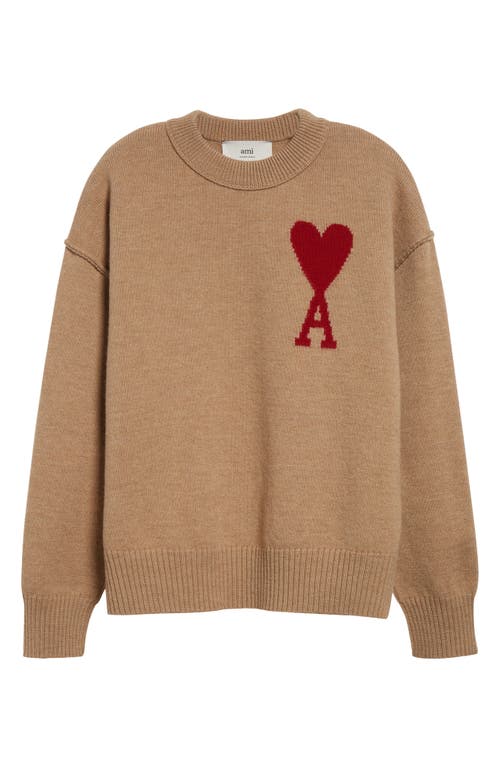 Shop Ami Alexandre Mattiussi Ami Paris Ami De Coeur Monogram Wool Sweater In Camel/red/289