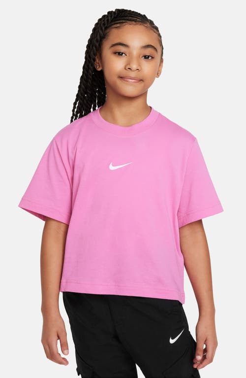Nike Sportswear Kids' Essential Boxy Embroidered Swoosh T-shirt In Playful Pink/white