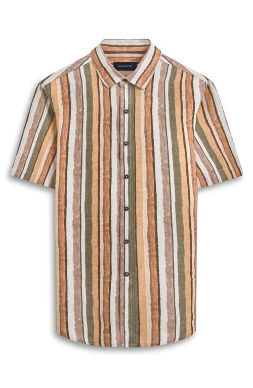 Shop Bugatchi Orson Stripe Short Sleeve Linen Button-up Shirt In Copper