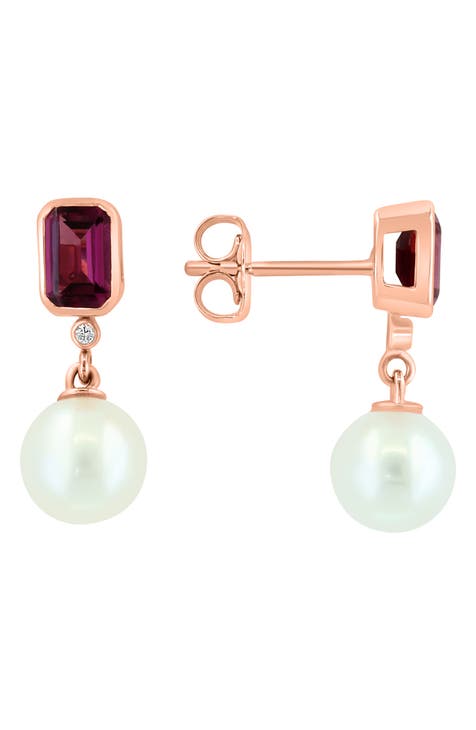 14K Rose Gold Diamond, Rhodolite Garnet & Freshwater Pearl Drop Earrings - 0.01ct.