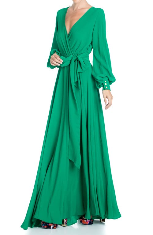 Meghan La Long Sleeve Solid Wrap Maxi Dress In Emerald