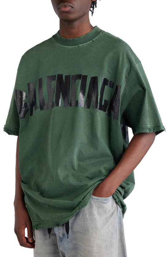 Shop Balenciaga Distressed Tape Logo Cotton T-shirt In Dark Green