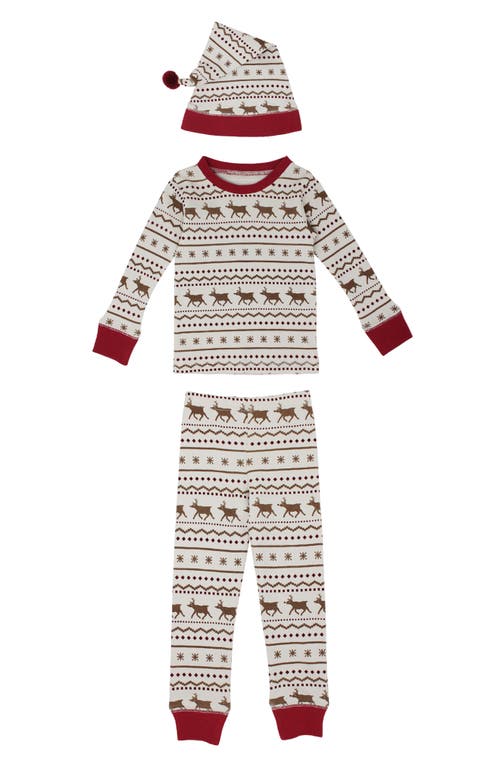 L'Ovedbaby Holiday Organic Cotton Pompom Cap & Two-Piece Fitted Pajamas Set in Fair Isle Rudolph 